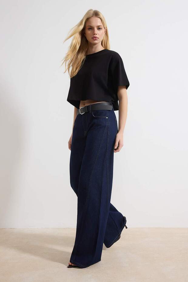 Koyu Mavi DÖKÜMLÜ Kemerli %100 Pamuk Normal Bel Wide Leg Jeans TWOSS26JE00076 - 2