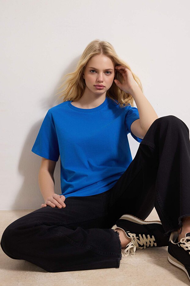 Saks %100 Pamuk Basic Bisiklet Yaka Örme T-Shirt TWOSS23TS00000 - 2