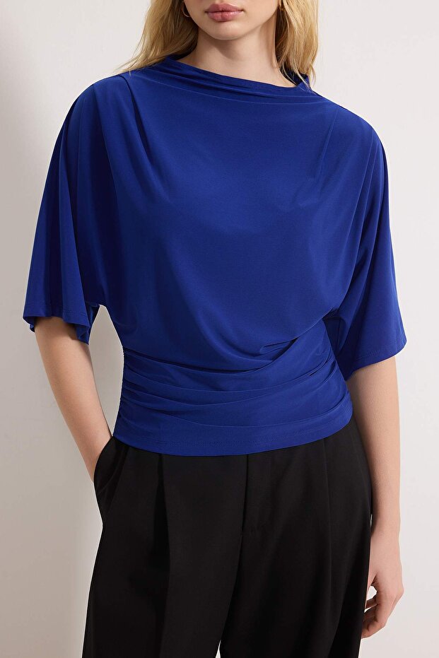 Saks Fitted/Vücuda Oturan Kayık Yaka Yarasa Kol Kısa Kollu Esnek Örme Bluz TWOSS26BZ00020 - 3