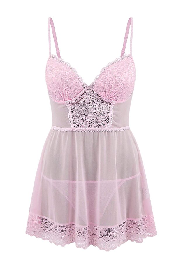 Pembe Tül Şeritli Dantel Detaylı Kaplı Külotlu Babydoll/Fantezi Gecelik THMAW26CY00002 - 2