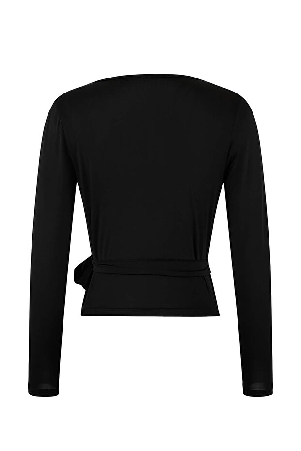 Siyah Micro Bağlamalı Kruvaze Crop Örme Spor Bluz/Bolero THMSS26BZ00002 - 6