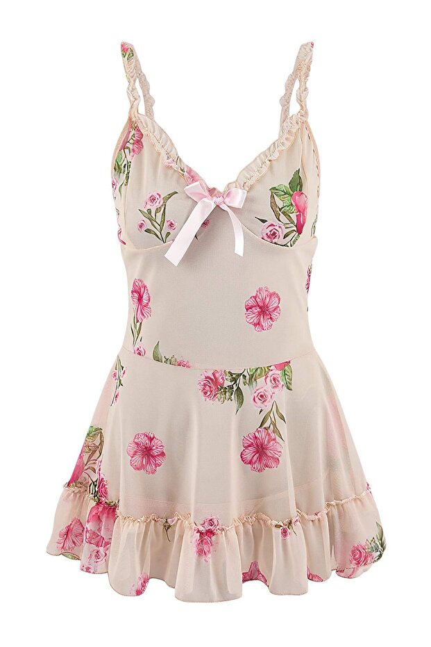 Çok Renkli Çiçekli Külotlu Babydoll/Fantezi Gecelik THMSS26LL00012 - 3