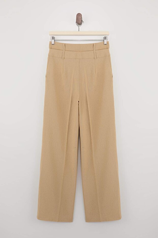 Limited Edition Bej Çift Kemer Detaylı Wide Leg/Geniş Paça Pantolon TWOSS26PL00052 - 6