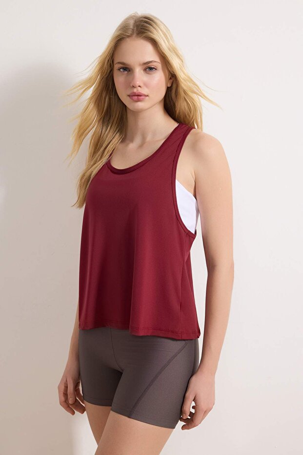 Ekru-Bordo 2'li Micro Kumaş Örme Spor T-Shirt THMSS26TS00001 - 9