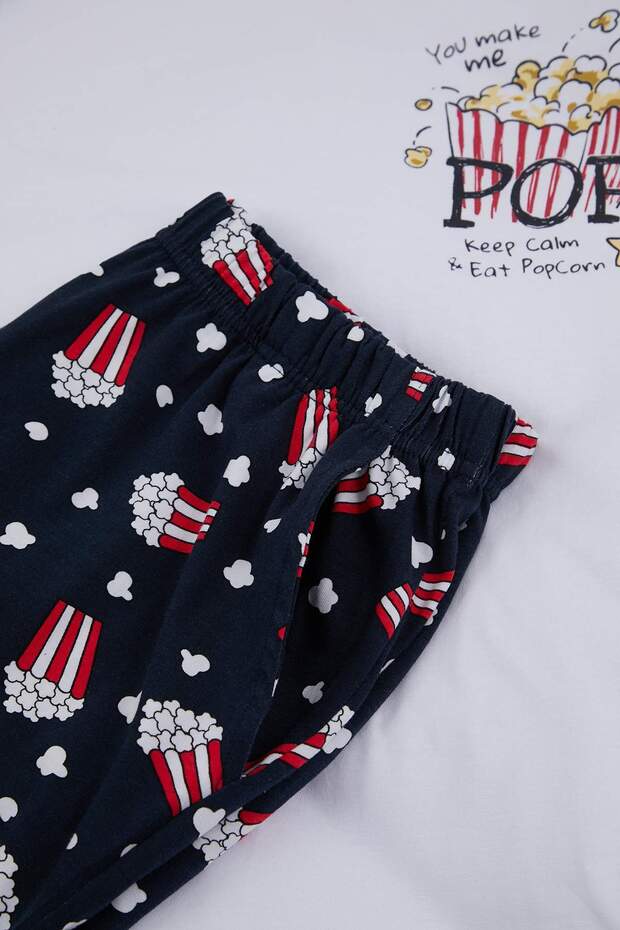 Unisex Beyaz Regular Fit Popcorn Baskılı Pamuklu Pijama Takımı TMNSS26PT00014 - 7