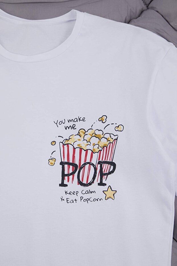 Unisex Beyaz Regular Fit Popcorn Baskılı Pamuklu Pijama Takımı TMNSS26PT00014 - 6