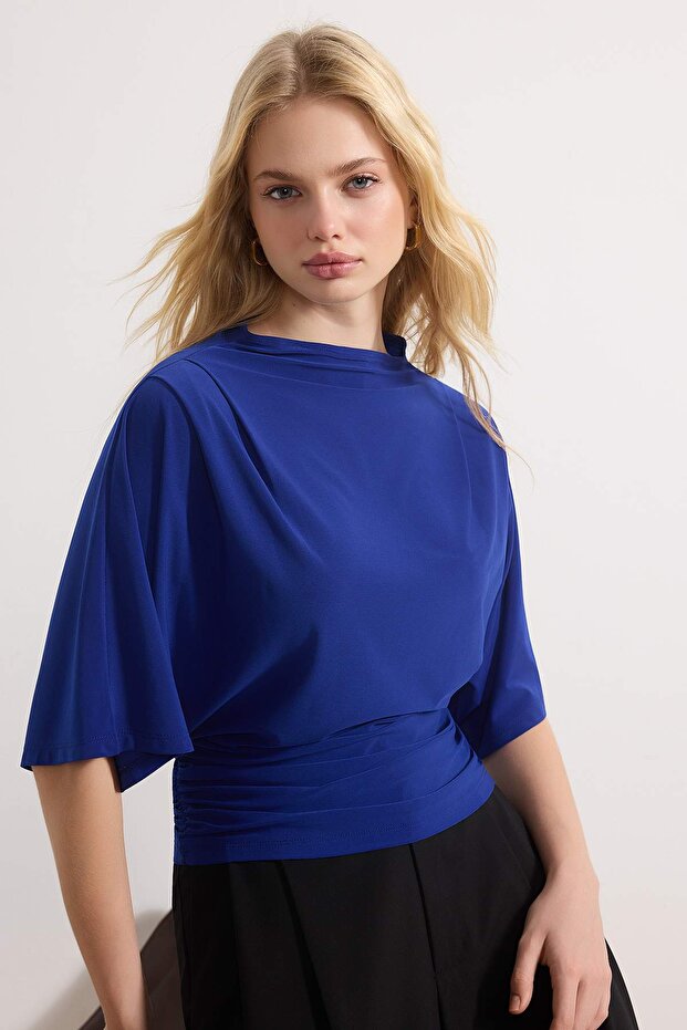 Saks Fitted/Vücuda Oturan Kayık Yaka Yarasa Kol Kısa Kollu Esnek Örme Bluz TWOSS26BZ00020 - 2