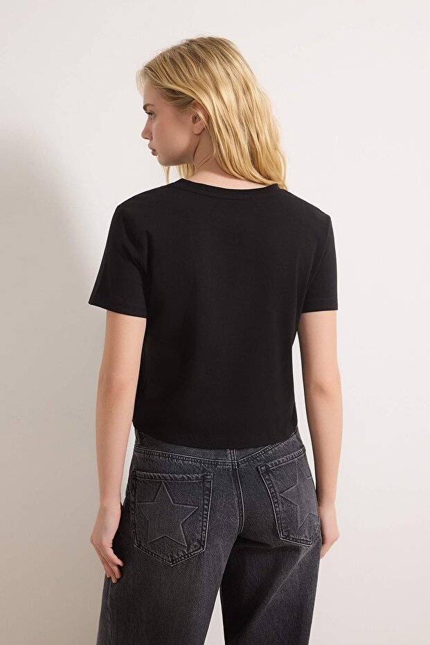 Gri Melanj-Siyah 2'li Paket %100 Pamuk Crop Bisiklet Yaka Örme T-Shirt TWOSS20TS1480 - 7