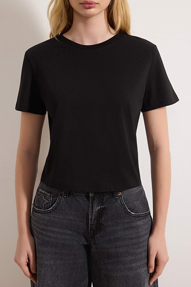 Gri Melanj-Siyah 2'li Paket %100 Pamuk Crop Bisiklet Yaka Örme T-Shirt TWOSS20TS1480 - 6