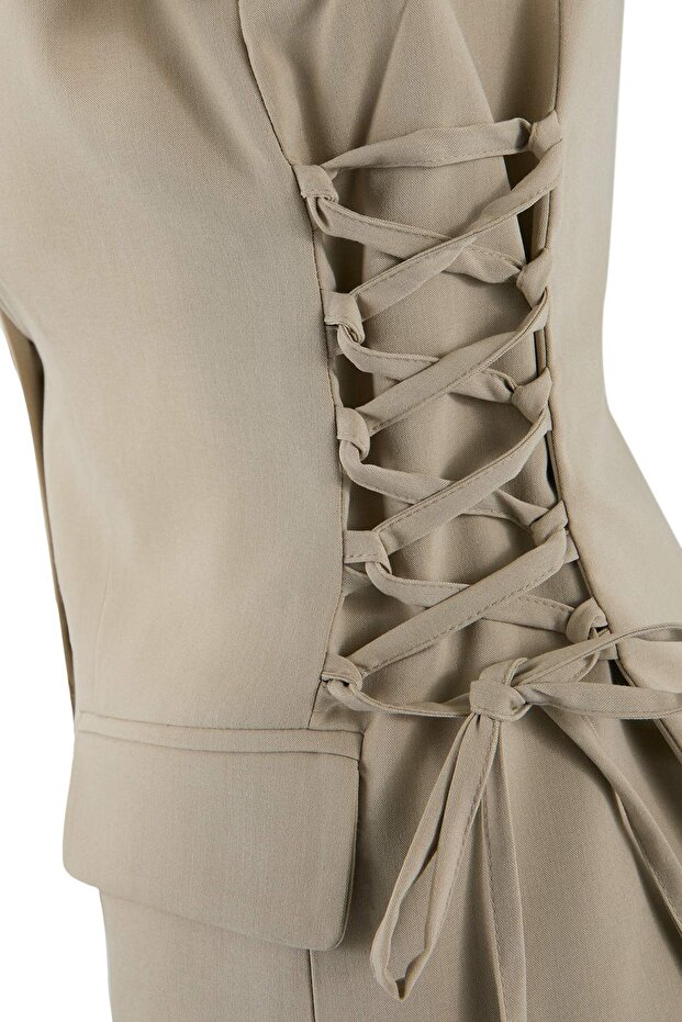 Bej Fitted Yandan Bağlama Detaylı Blazer Pantolon Alt - Üst Takım TCTSS26US00012 - 7