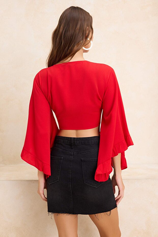 Kırmızı Dokuma Volanlı Plaj Crop Bluz TBESS19BB0095 - 4