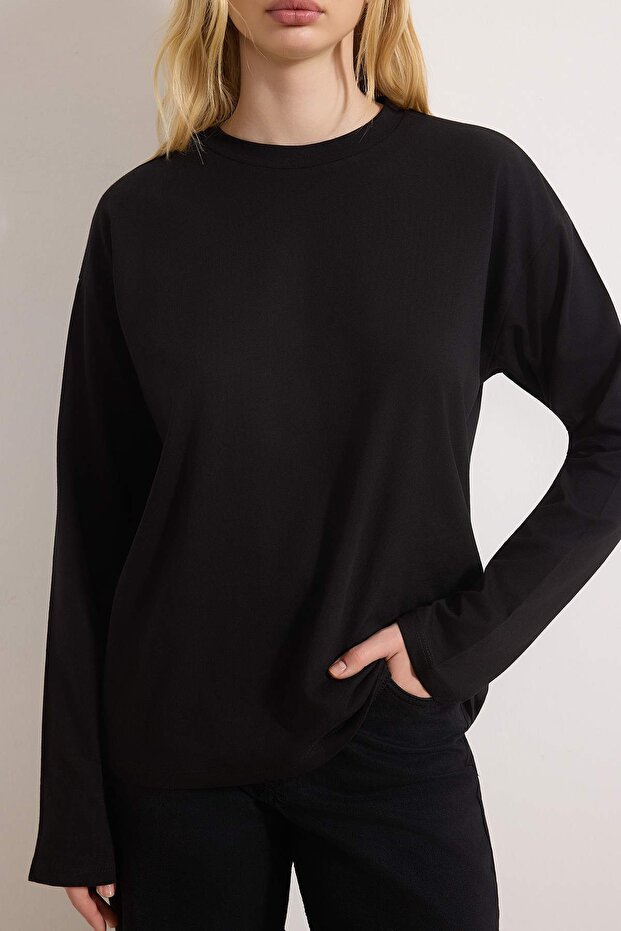 Siyah %100 Kalın Pamuklu Basic Bisiklet Yaka Oversize/Geniş Kalıp Örme T-Shirt TWOAW24TS00013 - 3