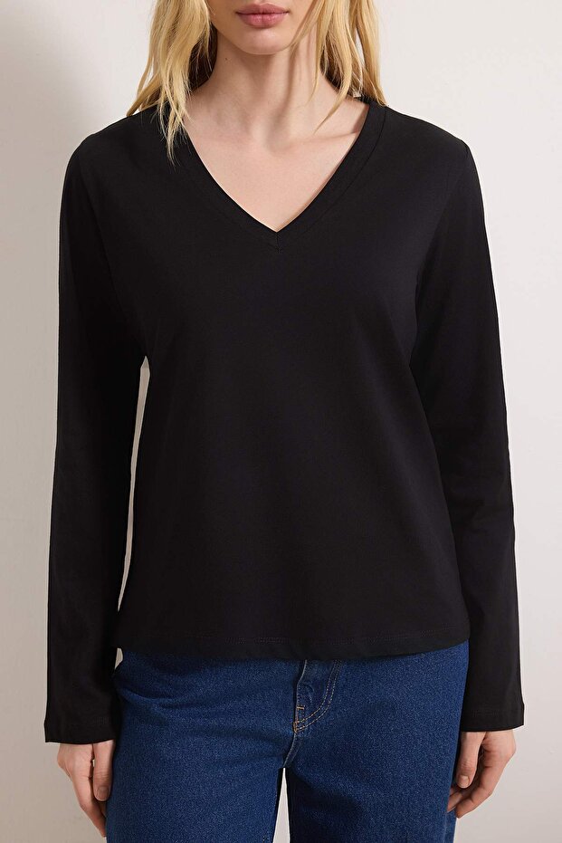 Siyah %100 Pamuk Regular/Normal Kalıp Basic V Yaka Uzun Kollu Örme T-Shirt TWOAW21TS0099 - 3