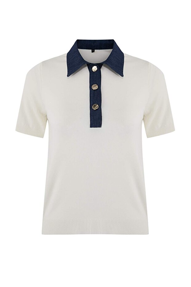 Ekru Denim Garnili Polo Yaka Triko Bluz TWOSS26BZ00290 - 5