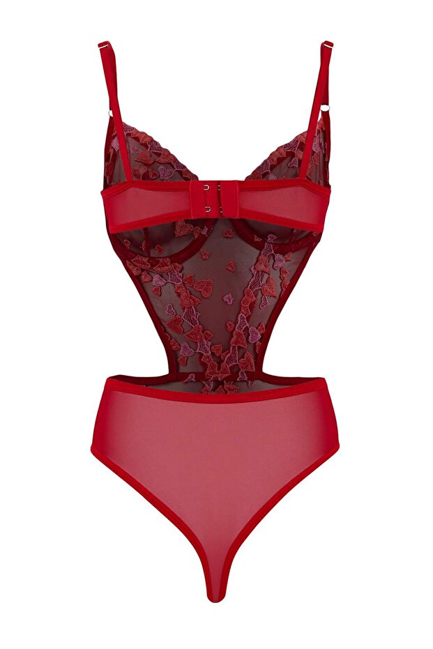 Kırmızı Tül Regular Kalp Kapsız Body THMSS26BD00020 - 3