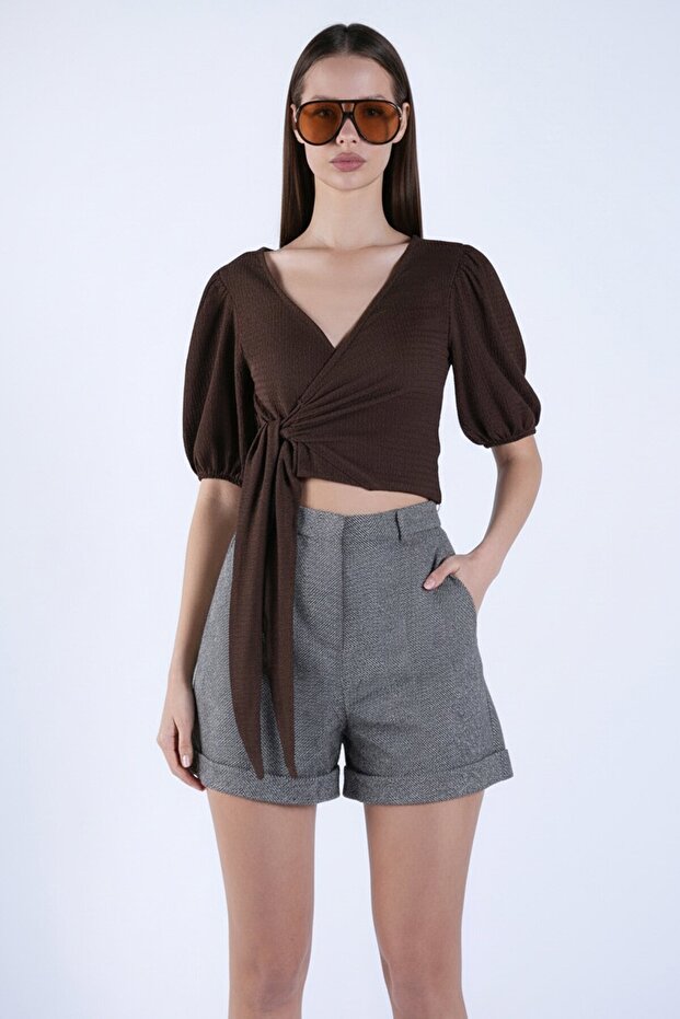 Gri Duble Paça Çift Cepli Kışlık Kaşe Şort - 2