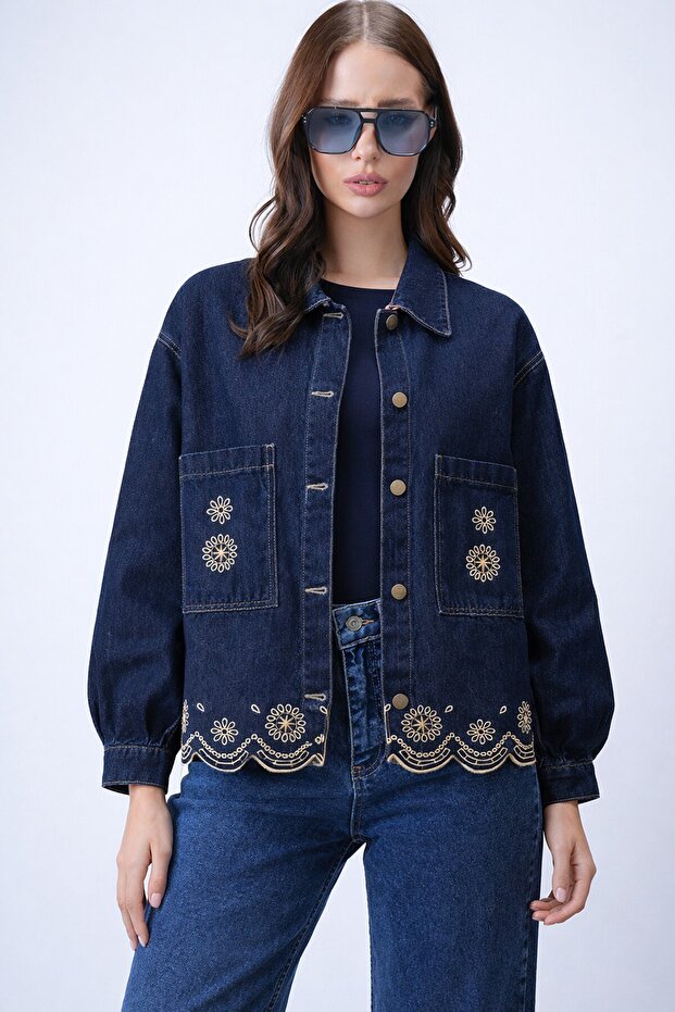 Navy Blue Double Pocket Button Closure Ethnic Embroidered Oversize Jean Jacket