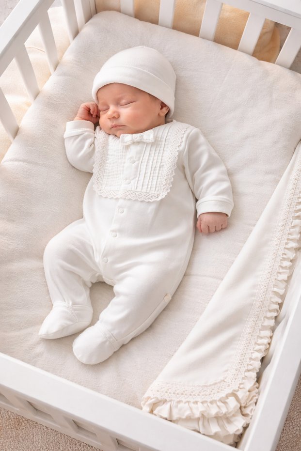 Martin 3-Piece Organic Hospital Discharge Set with Ribbed and Lace Detail 100% Cotton Newborn Baby Boy