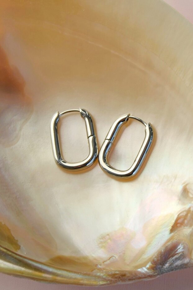 Steel Oval Hoop Earrings, Silver Color