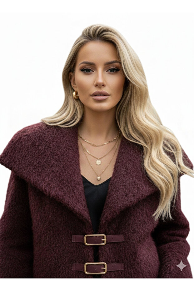 Double-Breasted Women's Jacket with Collar, Belt Closure, Cashemere, Long Sleeves