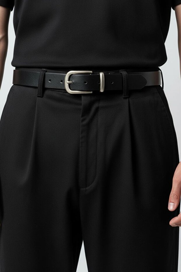 Men's 100% Genuine Leather Tin Plated Buckle Black Belt 3.2 cm