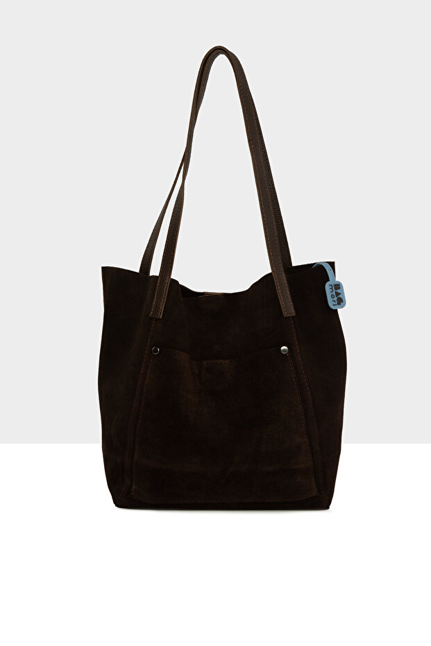 Brown Women's Genuine Split Leather Tote Bag with Pockets M000006747