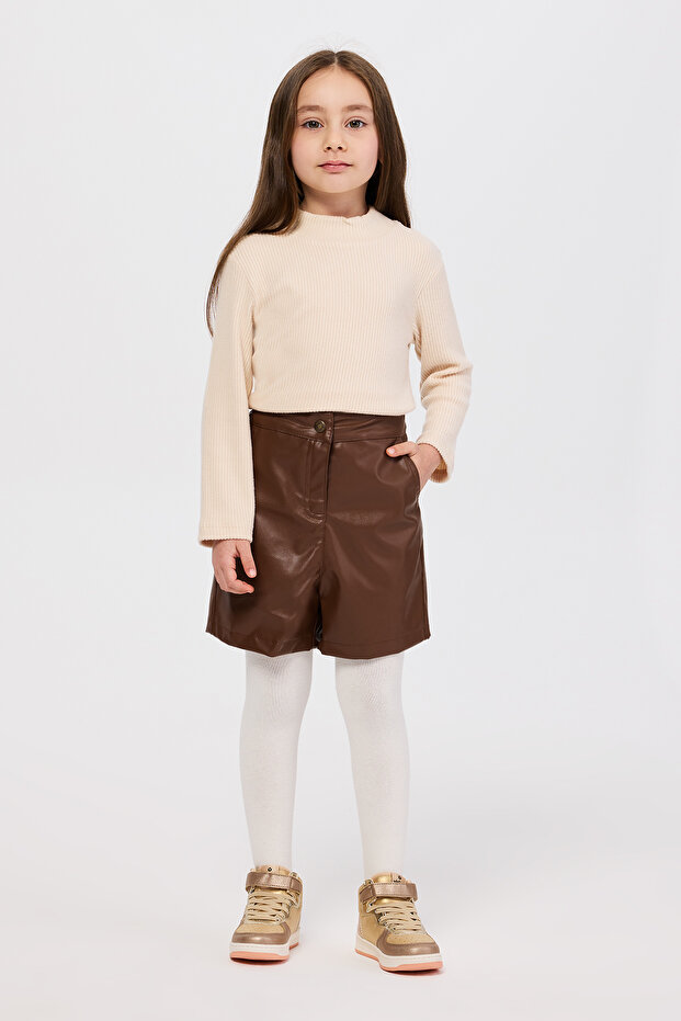 Kız Çocuk Deri Camel Şort - 1