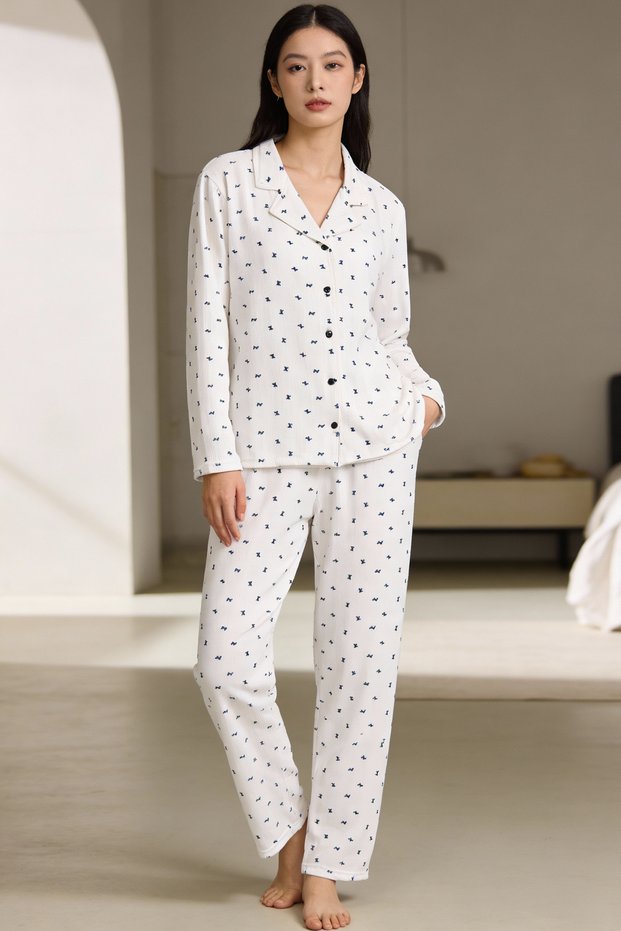 White Ribbon Patterned Waffle Pajama Set Women's Premium Long Sleeve Buttoned