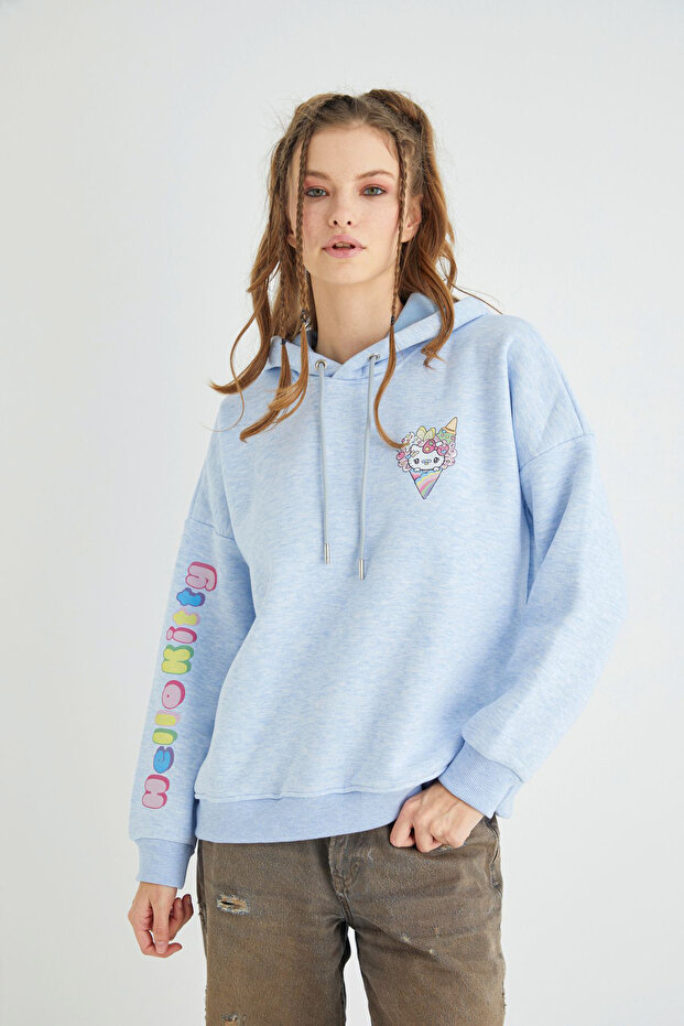 Lisanslı Baskılı Kapüşonlu Kalın Mavi Sweatshirt - 5