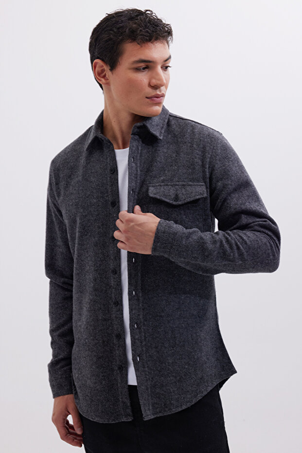 Men's Slim Fit Single Pocket Flap Plain Lumberjack Sport Dark Gray Shirt