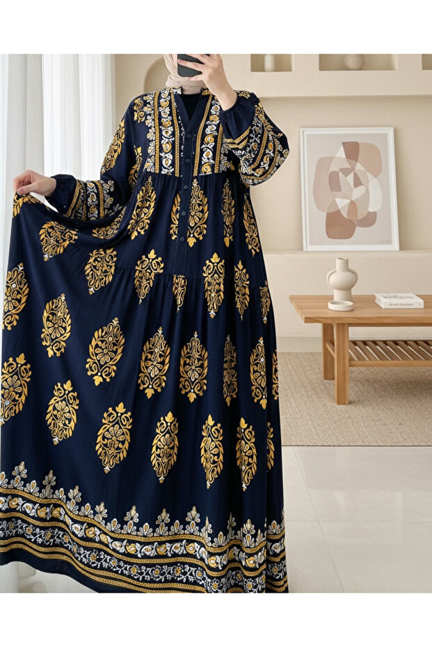 2423 Authentic Patterned Hijab Dress - Navy Blue 2