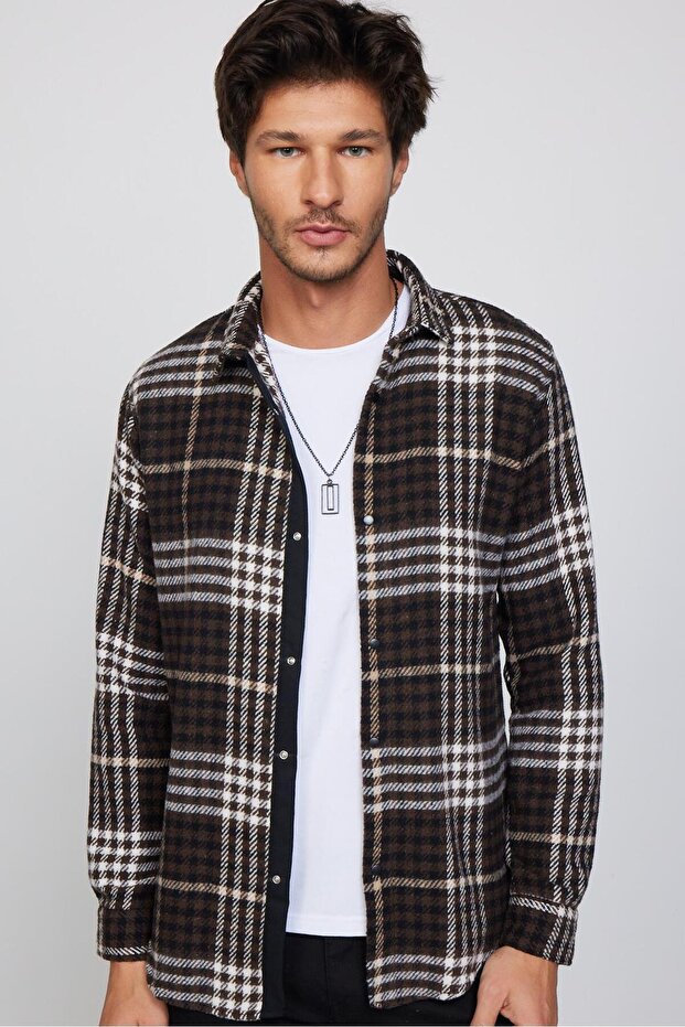 Slim Fit Long Sleeve Slim Fit Covered Double Pocket Checked Winter Lumberjack Men's Shirt