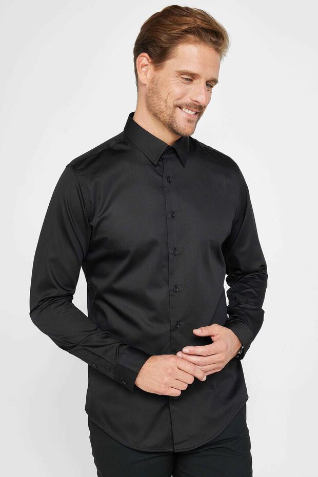 Slim Fit Long Sleeve 100% Cotton Satin Premium Men's Black Shirt