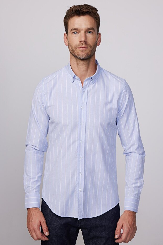 Slim Fit Long Sleeve Button-Down Collar Striped Soft-Textured Cotton Men's Shirt