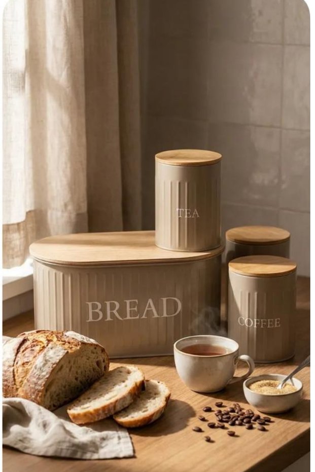 Set of 4 Wooden-Lid Metal Bread Bins, Tea, Coffee, Sugar Organizer Brown