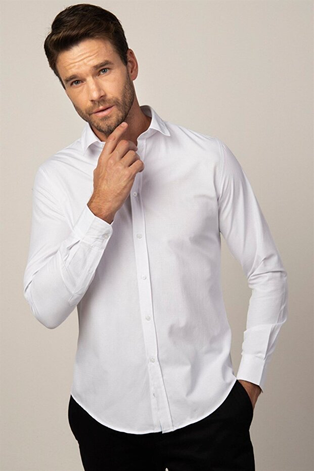 Slim Fit Uzun Kollu Armürlü Düğme Patı Manşet Içi Biyeli Erkek Beyaz Gömlek - 2