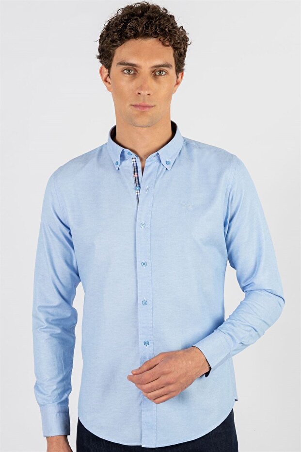 Men's Slim Fit Slim-Cut Long Sleeve Cotton Oxford Texture Easy-Iron Blue Button-Down Collar Shirt