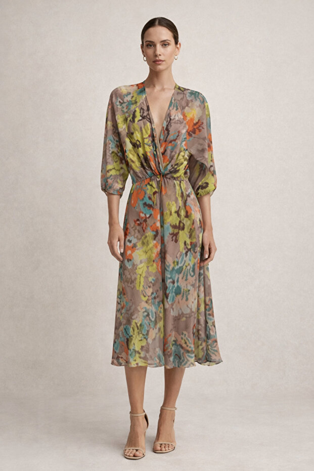 Patterned Chiffon Midi Dress - Double Breasted Collar - 1