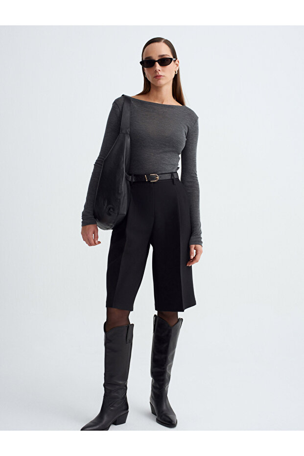 72261 Kemerli Bermuda Şort-Siyah - 1