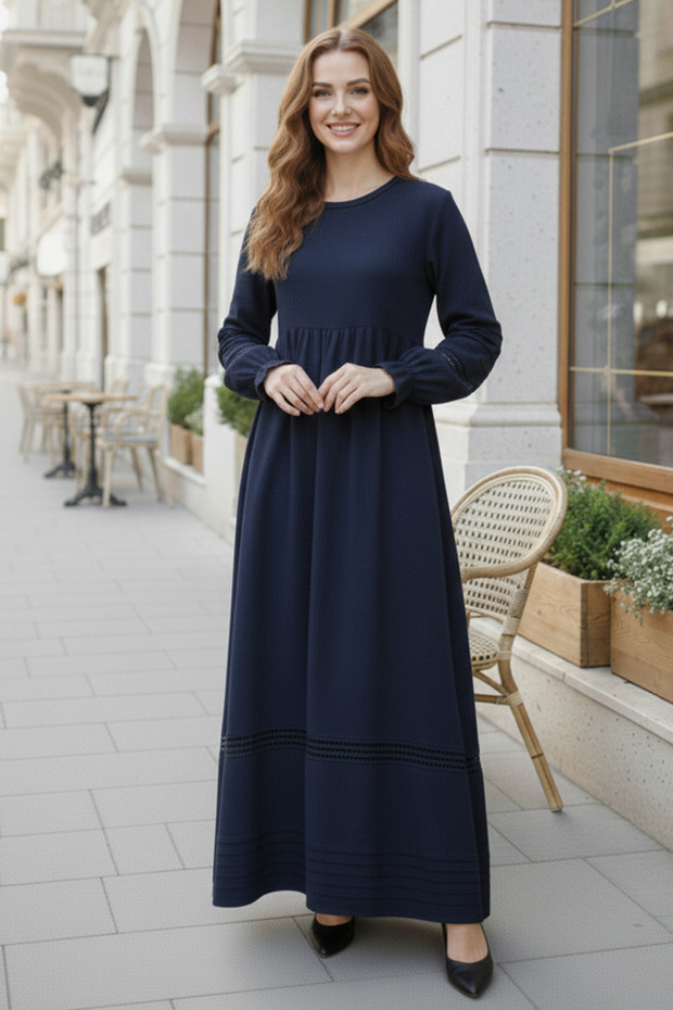 Ribbed Detailed Hijab Dress Navy Blue 2207