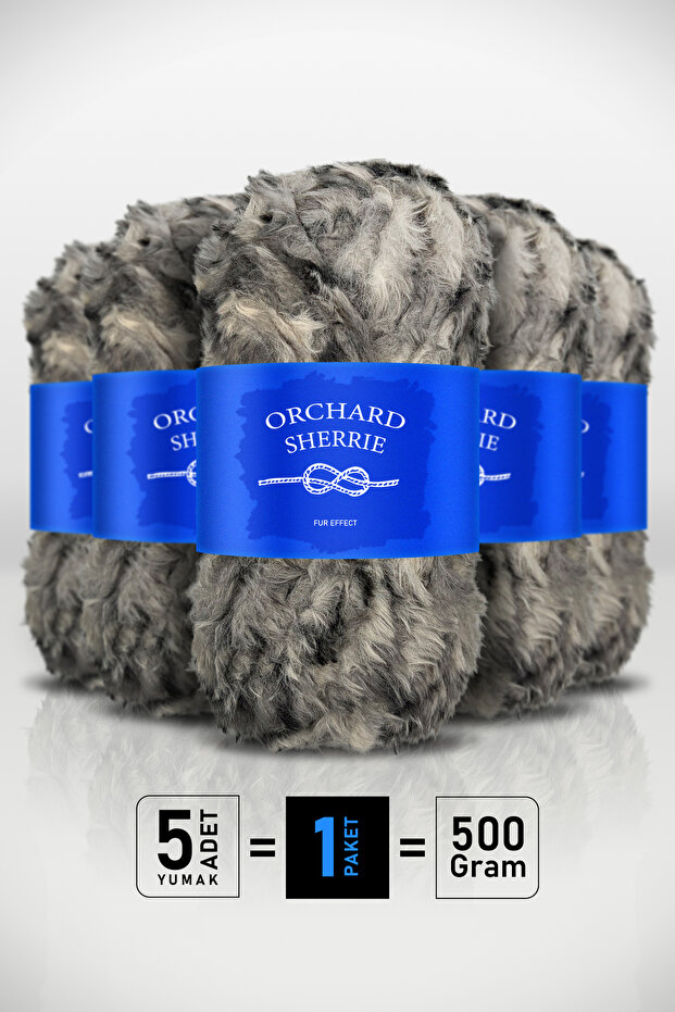 Dark Gray Patterned • 5-Pack × 100 Gr / 60 m • Rabbit Hair Texture • Thick Fur Plush Knitting Yarn