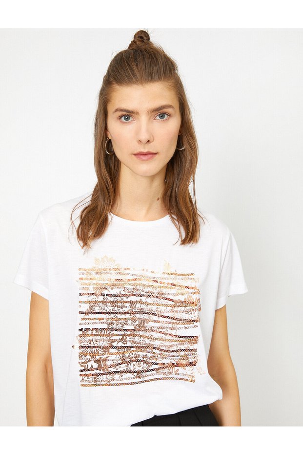 Standard Fit Crew Neck T-Shirt with Sequin Detail