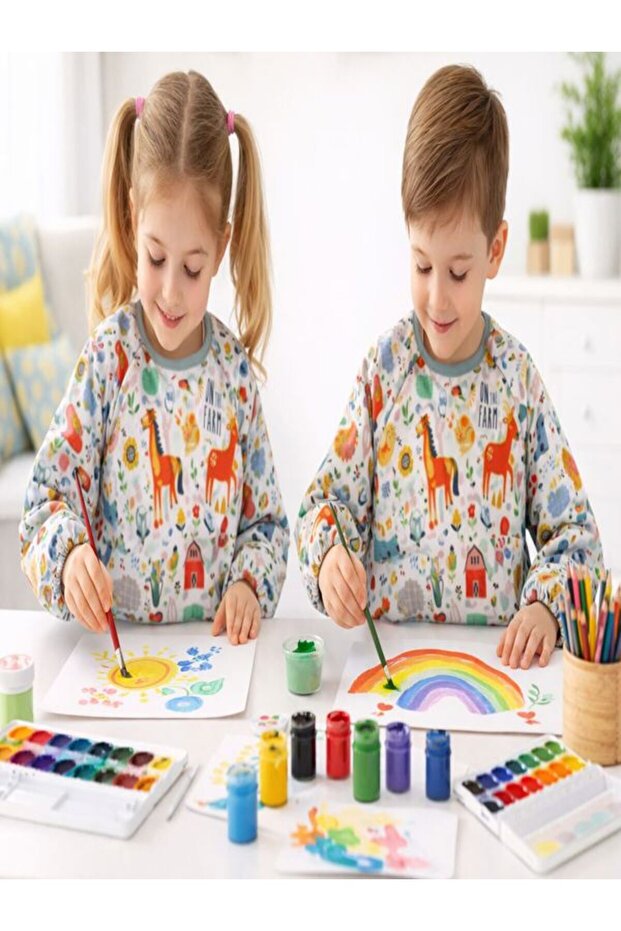 Farm Liquid Proof Long Sleeve Painting Apron for Kids Ages 4-7 - Machine Washable