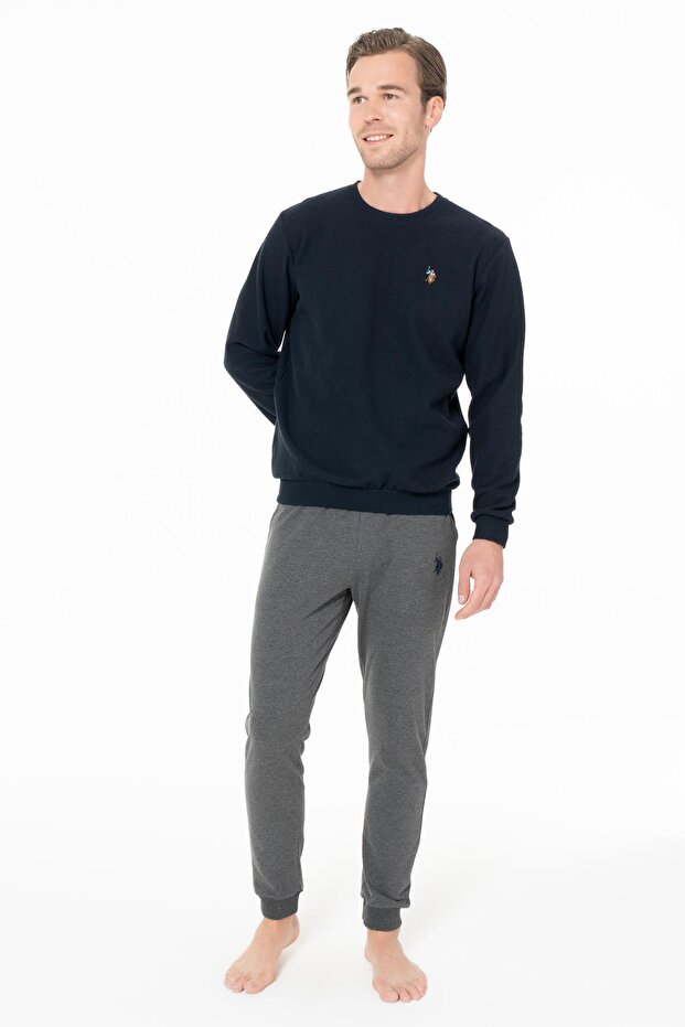Men's Crew Neck Tight-Fitting Long-Sleeved Winter Pajama Set-Dark Blue-L