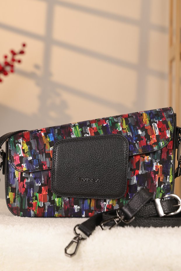 Multi-Colored Leather Bag, Double Compartment - 40414, 100% Genuine Leather, Shoulder Strap