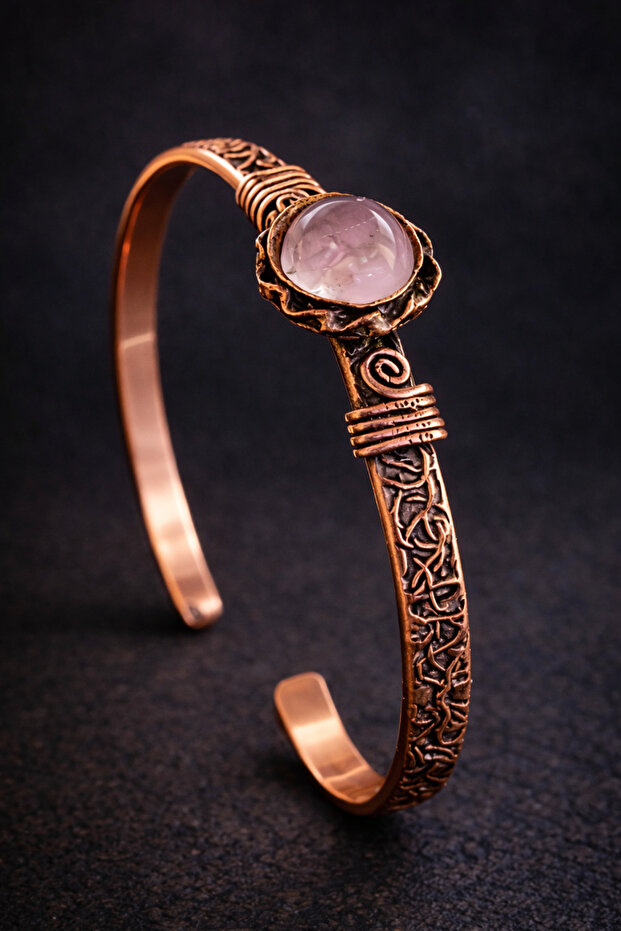 Women's Copper Bracelet Natural Rose Quartz Oval Model Stone Pure Copper Bracelet