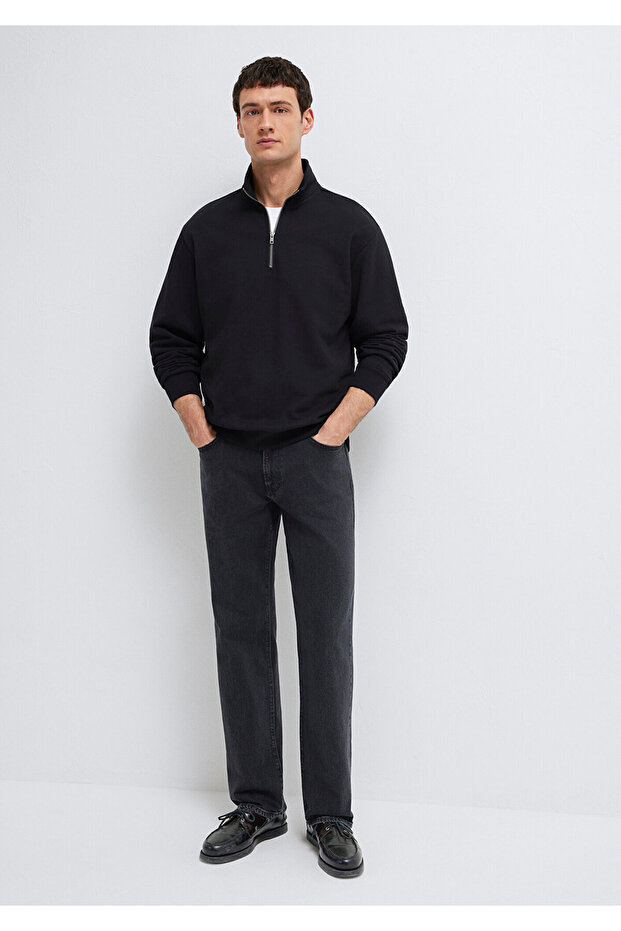 Yarı Fermuarlı Siyah Basic Sweatshirt 0S10419-900 - 2
