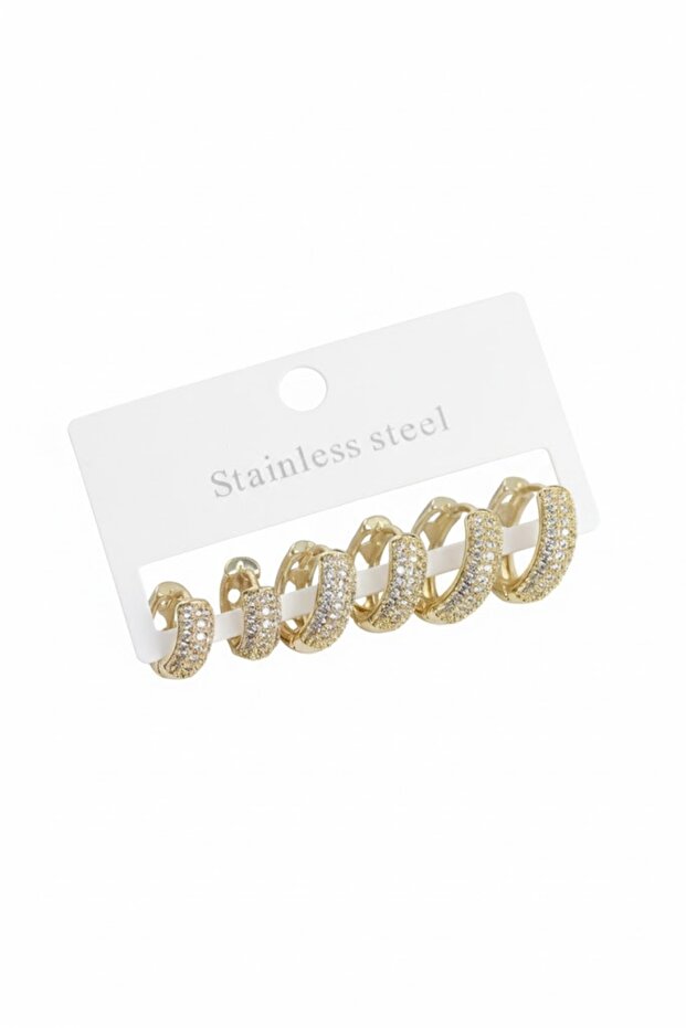 316L Steel Gold Color Zircon Stone Hoop Earring Set