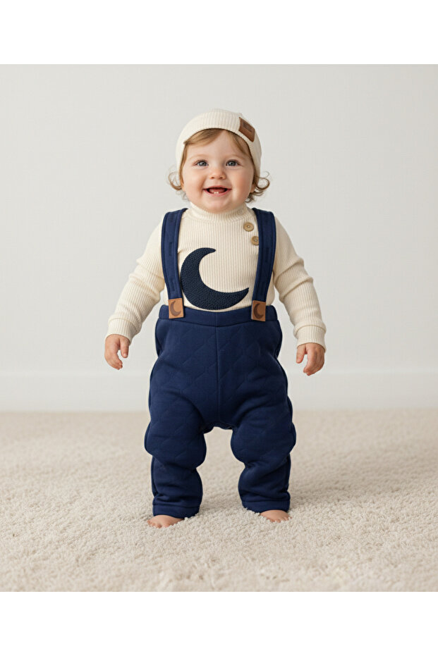 Baby Boy Quilted Salopet, Crescent Embroidered Fisherman's Collar Sweatshirt, Beret, 3-Piece Premium Set