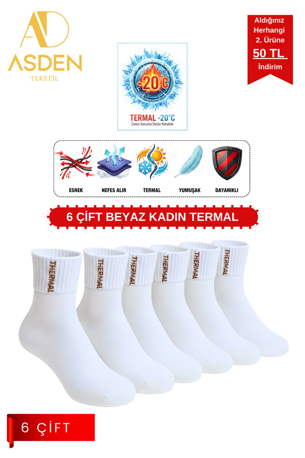 6 Pairs of Women's Thermal Terry Socks - Winter Soft - Premium Cotton - Seamless Toe (White)